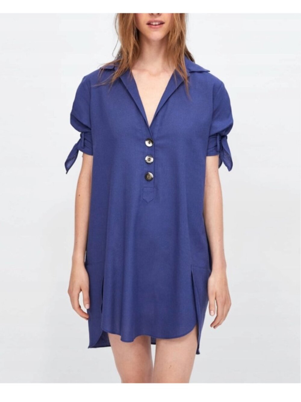 NWOT ZARA Indigo Blue Linen Blend Tunic Mini Dress w. Collar & Buttons Sz XL